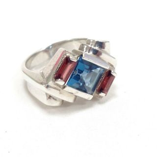 Vintage 925 Sterling Silver Blue Topaz And Red Garnet Art Deco Style Ring Sz 7