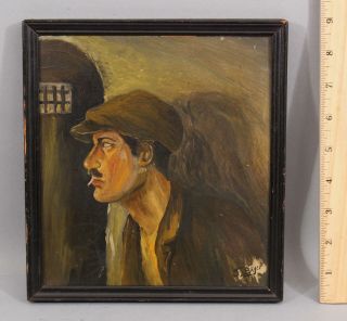 Small Antique J.  Bayer Social - Realist Portrait Oil Painting,  Man W/ Cigarette Nr