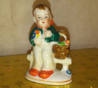Vintage Occupied Japan Boy Figurine With Basket And Fence Flowers,  Scarf