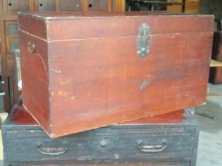 Large Antique 19th Century Japanese Wood Travel Trunk Chest Box Tansu