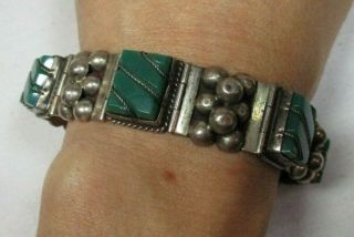 Vintage Mexico Sterling Silver Carved Green Onyx Panel Link Bracelet 37.  2g 7 "