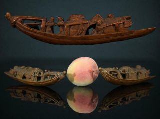 2 Antique Chinese Hand Carved Bamboo Jonk Boats Brush Rest 19th Cent