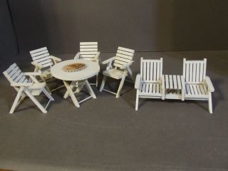 Vintage Miniature Dollhouse 6 Pc White Wood Patio Furniture Table Yard