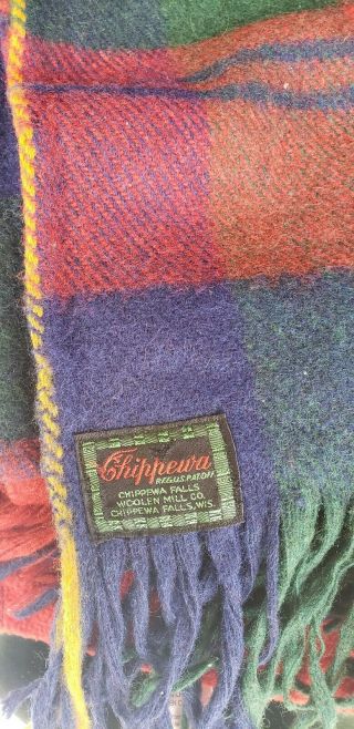 Chippewa Wool Plaid Blanket 60 X 62 1950s Vintage Red Blue Green Woolen