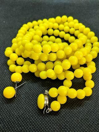 Vintage 50’s Yellow Plastic Lucite Bead Pendant Necklace & Earring Set Japan
