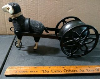 Antique Sheep Lamb Pull Toy Cast Iron Wheels Pulling A Ringing Bell Cart