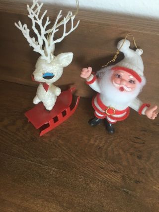 2 Vintage Christmas Ornaments White Santa And Glitter Rudolph Reindeer On Sleigh