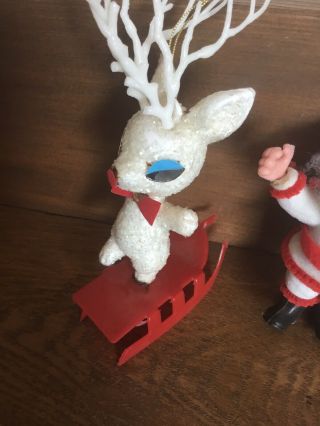 2 Vintage Christmas Ornaments White Santa And Glitter Rudolph Reindeer On Sleigh 2