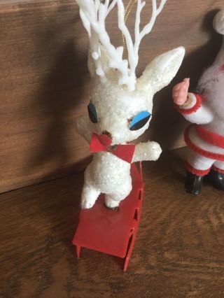 2 Vintage Christmas Ornaments White Santa And Glitter Rudolph Reindeer On Sleigh 3