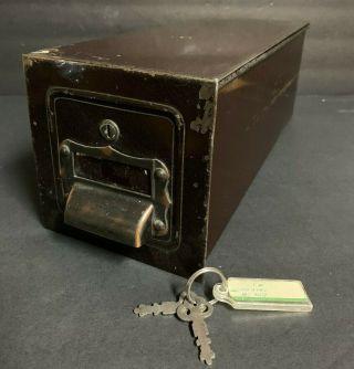 Antique Vtg Metal Bank Safe Money Deposit Lock Box W/keys 14” X 5 " X 5 " Brown