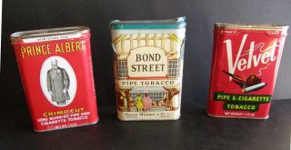 3 Vintage Pipe & Cigarette Tobacco Tins Velvet - Prince Albert - Bond Street