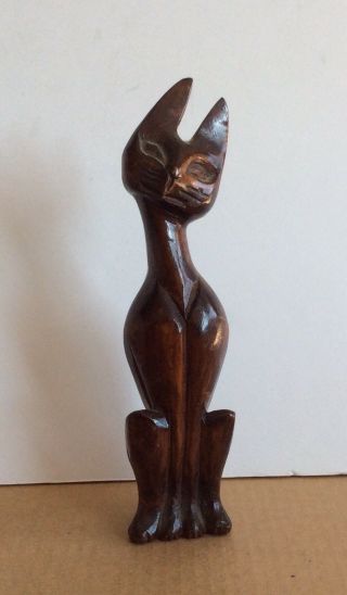 Vintage Mid Century 8 3/8” H Handcrafted Solid Wood Carved Cat Figurine Statue