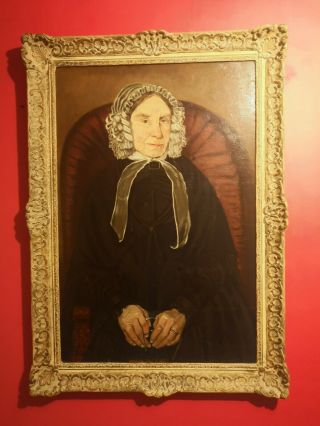 19th Century Oil Portrait Painting Of A Lady In Mob Lace Cap 1820c Antique Frame