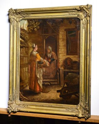 Fruit N Veg Seller Scene 18 - 19c Antique Oil Genre Painting On Wood