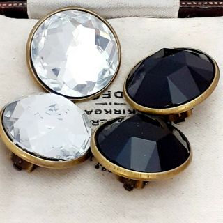 Vintage - 2 Pairs Faceted Crystal & Black Glass Bronze Clip On Earrings 2cm Wide