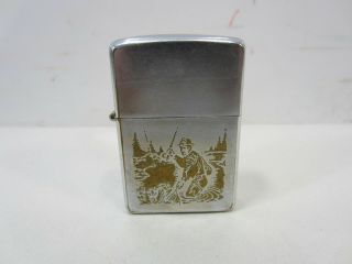 Vintage Zippo Cigarette Lighter W/etched Scene Of Fisherman