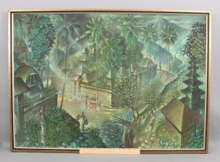 Vintage Signed Southeast Asia Vietnam Oil Painting,  Village Farmers & Landscape