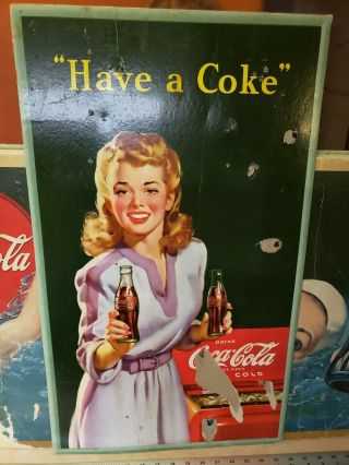Vintage Wwii 1943 Coca Cola Cardboard Sign Antique Soda Fountain Diner