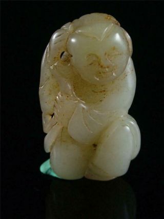 Antique Vintage Old Chinese Celadon Nephrite Jade Statue Toggle Fairy Boy W/ Cor