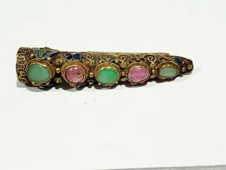 Antique Chinese Silver Filigree Finger Nail Guard Brooch Enamel