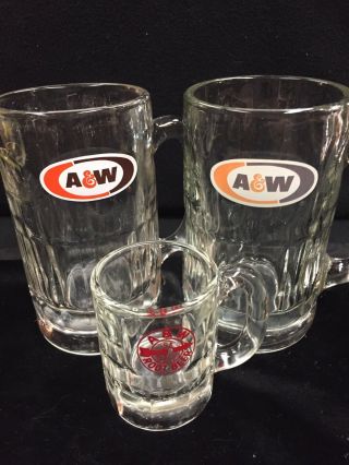 3 Vintage Glass A&w Root Beer Mugs 2 14oz A & W Mugs & A 3 Oz.  Baby Bullseye Mug