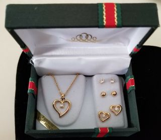 Vintage Costume Jewelry Heart Shaped Goldtoned Necklace W/ 3 Earrings Rhinestone
