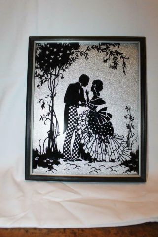 Vintage Reverse Painted Glass Silhouette Colonial Couple