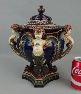 Antique Hugo Lonitz German Majolica Ceramic Centerpiece Covered Vase W Cherubs