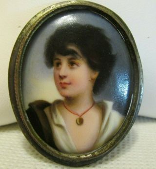 Antique C.  1890 Hand Painted Portrait Cameo Brooch Pin Pendant French Ceramic