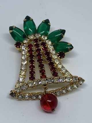 Vtg Rhinestone Christmas Bell Brooch Pin Jewelry Red Green Gold