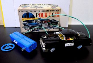 Vintage Tinplate Battery Op Police Car Wt Machine Gun,  Macoma Toys,  Japan,  Vgib