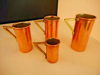 Copper Measuring Cups W/brass Handles 4 Vtg Thick Stamped 1c 3/4c 1/2c & 1/4c