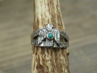 Vtg Old Pawn Navajo Sterling Silver Turquoise Thunderbird Adjustable Ring Sz 7