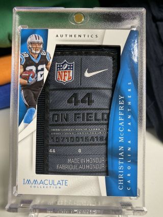 2017 Immaculate Christian Mccaffrey Rookie 5/5 Player Worn Laundry Tag.  Nfl Mvp