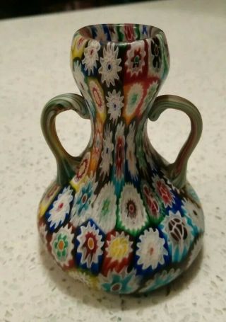 Vintage Murano Fratelli Toso Millefiori Glass Twin Handled Vase