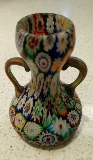 Vintage Murano Fratelli Toso Millefiori Glass Twin Handled Vase 2