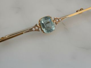 A Stunning Antique 9 Ct Gold Aquamarine And Seed Pearl Art Deco Brooch