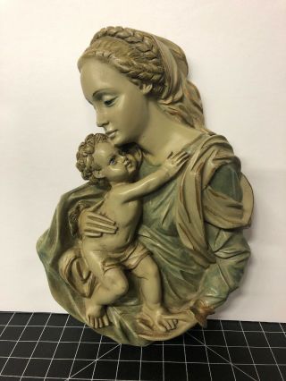 Vintage Plaster 3 - D Mother And Child Chalkware Hand Painted Wall Decor Mid Cent