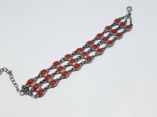Vintage Coral Red Silver Toned Link Wide Bracelet Men Brutalist Nordic Victorian