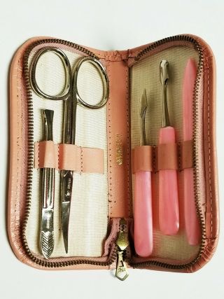 Vintage Pale Pink Travel Grooming Manicure Kit Zippered Case Made In W Germany