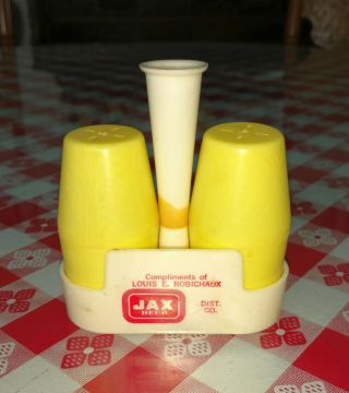 Vintage Jax Beer Plastic Salt And Pepper Set In Holder