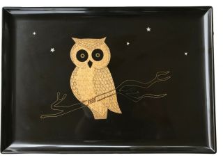Vintage Black Resin Tray With Owl And Stars Inlays By Couroc Of Monterey