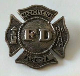 Vintage Medicine Hat Alberta Canada Fire Department Badge Pin Button Fd Obsolete