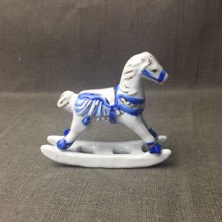 Vintage 4.  5 " White Porcelain Hand Painted Rocking Horse Blue & White W/gold Trim