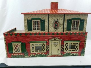Vintage Tin Doll House Toy T Cohn Lithograph Large 1950s 2 Story Spanish Style