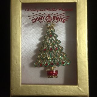 Vintage Christopher Radko Christmas Tree Holiday Brooch Pin Rhinestones & Star