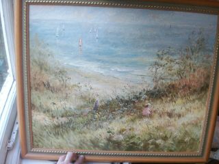 Old Vintage Oil Painting Impressionist Cliff Top Coastal Beach Scene By K Hobbs