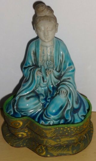 Antique Chinese Porcelain Figure On Brocade Stand Goddess Guanyin,  Qianlong Seal