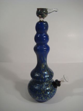 Vintage Hand Blown Mottled Blue Art Glass Water Pipe Bong Hookah 9.  5 "