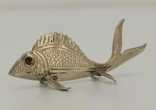 Vtg Solid Silver Eastern Chinese Indian Glass Eyed Fish Table Place Card Holder
